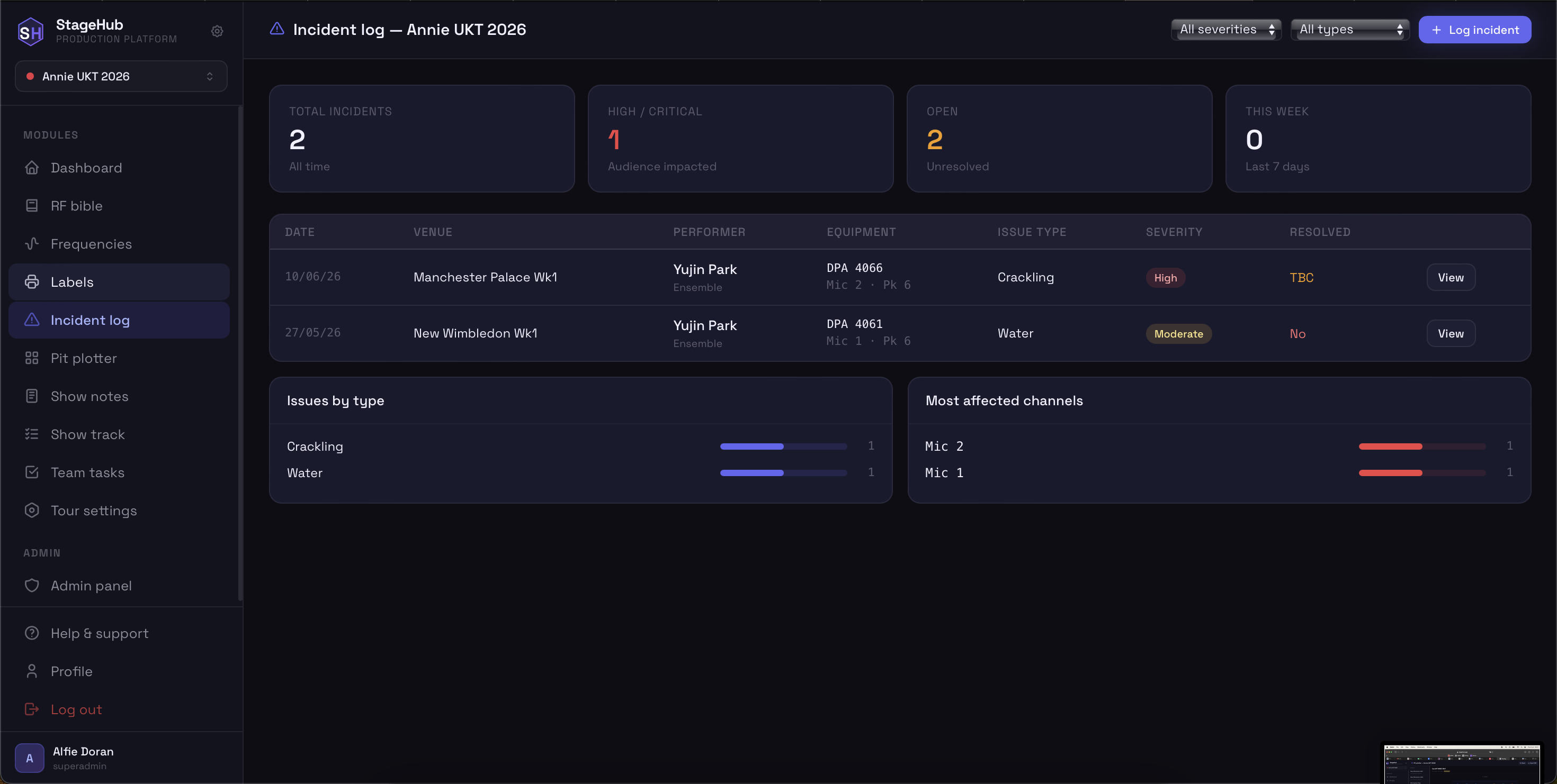 StageHub live product screenshot